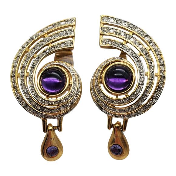 GemCraft Purple Clip Earrings Craft Gold Nautilus Deco Style Massive Statement - Picture 1 of 9